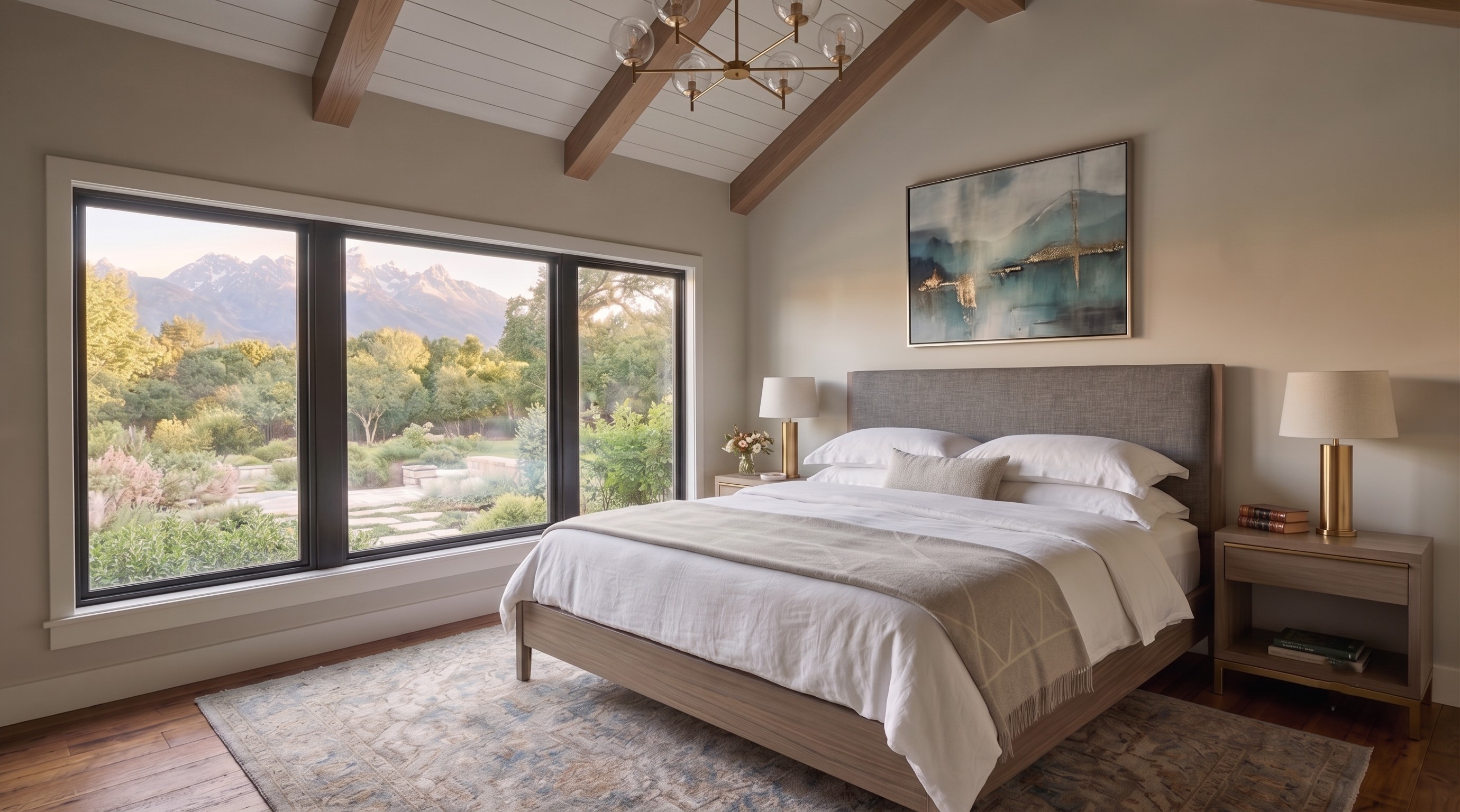 Bedroom with view through large windows