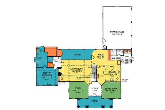 Southern colonial style house plan, main level floor plan