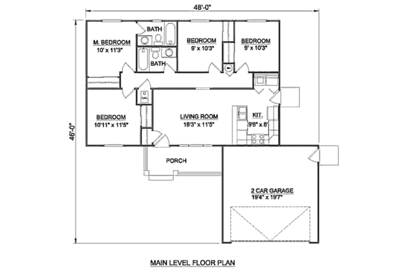 Ranch Style House Plan - 4 Beds 2 Baths 1040 Sq/Ft Plan #116-244 ...