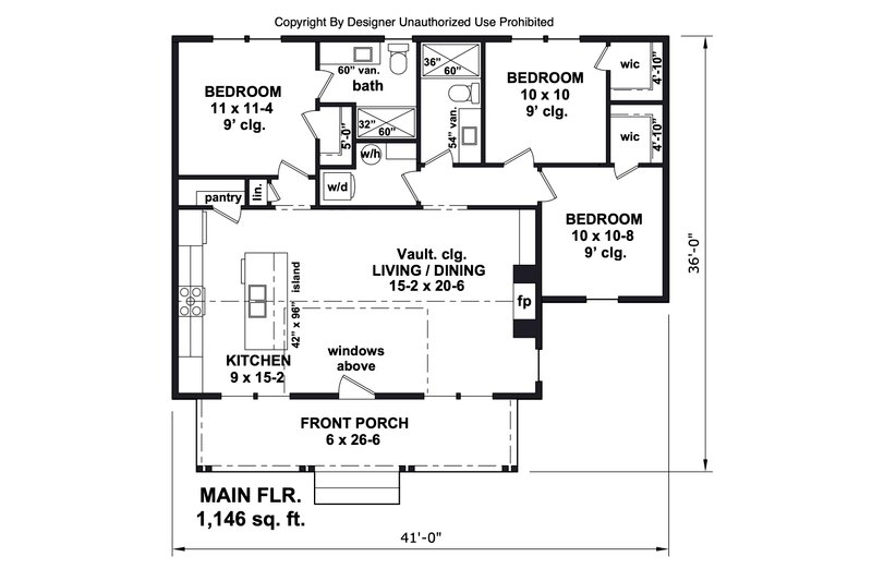 House Plan Design - Floor Plan - Main Floor for Bungalow House Plan #51-1441 - 3 bed, 2 bath