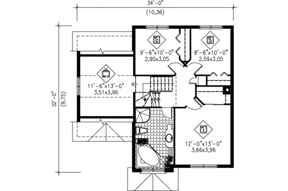Floor Plan - Upper Floor for European House Plan #25-223 - 3 bed, 1.5 bath