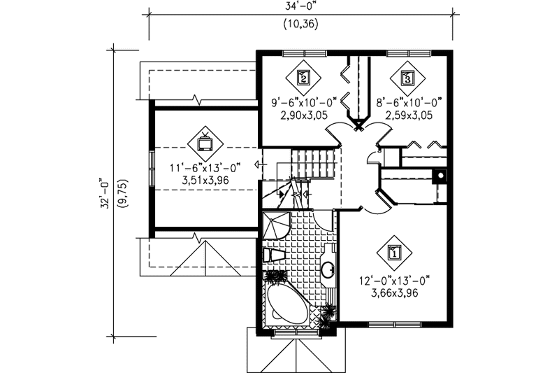 House Plan Design - Floor Plan - Upper Floor for European House Plan #25-223 - 3 bed, 1.5 bath