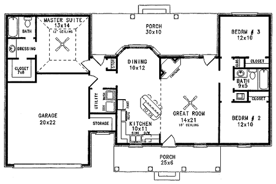 Floor Plan - Main Floor for Colonial House Plan #14-139 - 3 bed, 2 bath