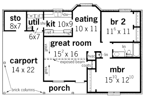 Floor Plan - Main Floor for Ranch House Plan #16-331 - 2 bed, 1 bath
