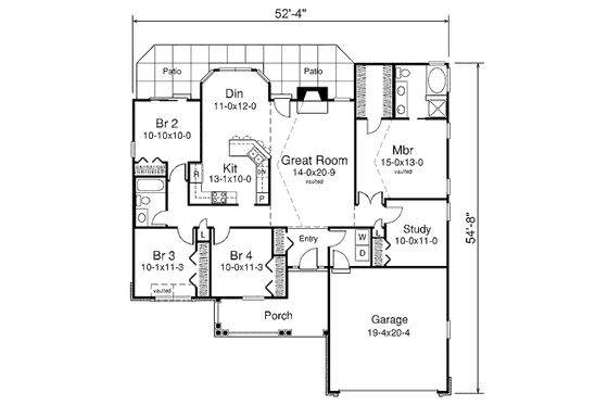 Floor Plan - Main Floor for Traditional House Plan #57-369 - 4 bed, 2 bath