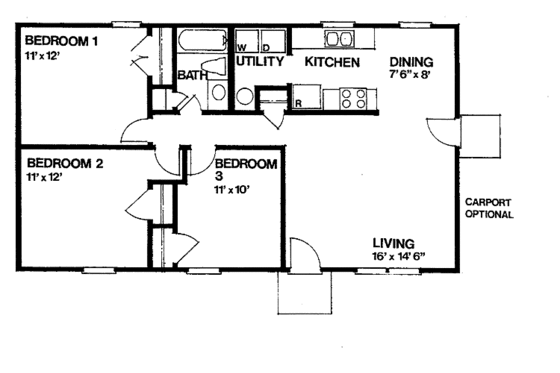 Floor Plan - Main Floor for Ranch House Plan #30-238 - 3 bed, 1 bath