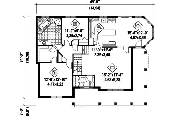 Floor Plan - Main Floor for European House Plan #25-4800 - 2 bed, 1 bath