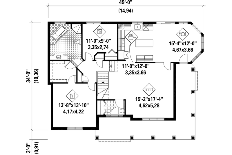 Home Plan - Floor Plan - Main Floor for European House Plan #25-4800 - 2 bed, 1 bath
