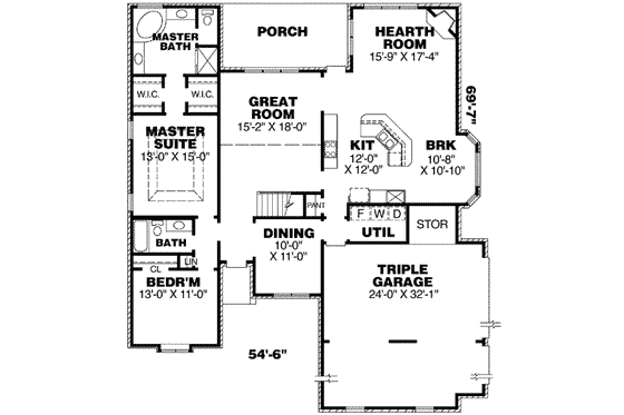Floor Plan - Main Floor for European House Plan #34-202 - 4 bed, 3 bath
