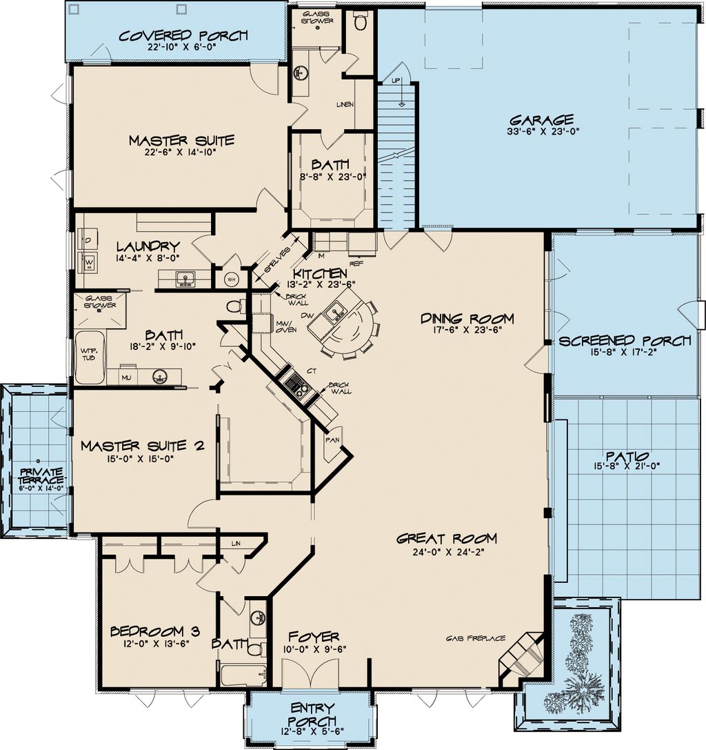 Southern Style House Plan - 3 Beds 3 Baths 2995 Sq/Ft Plan #17-2593