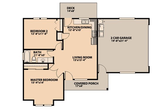 Floor Plan - Main Floor for Ranch House Plan #515-13 - 2 bed, 1 bath