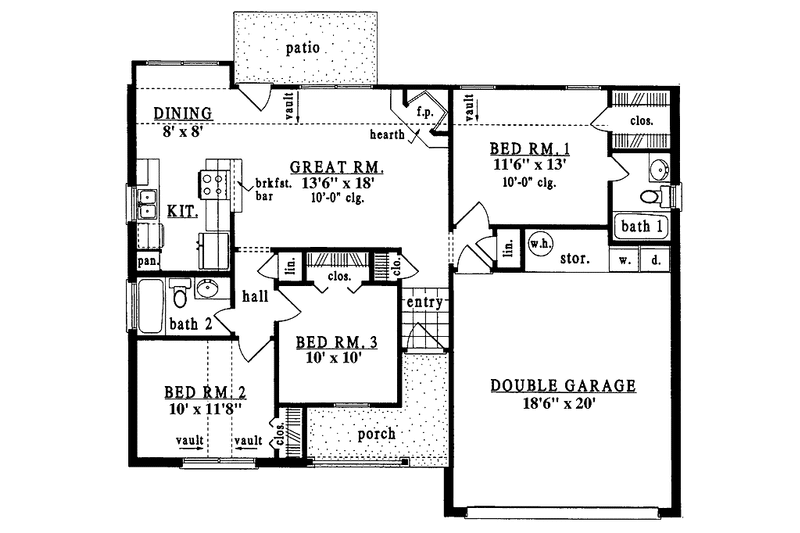 Architectural House Design - Floor Plan - Main Floor for Country House Plan #42-587 - 3 bed, 2 bath