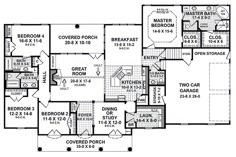 House Blueprint - Floor Plan - Main Floor for Ranch House Plan #21-645 - 4 bed, 3.5 bath