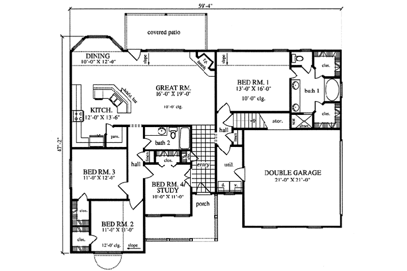 Architectural House Design - Floor Plan - Main Floor for Farmhouse House Plan #42-341 - 4 bed, 2 bath