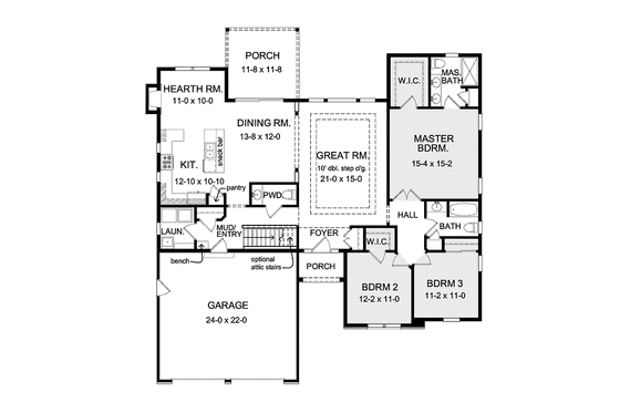 Floor Plan - Main Floor for Ranch House Plan #1010-28 - 3 bed, 2.5 bath
