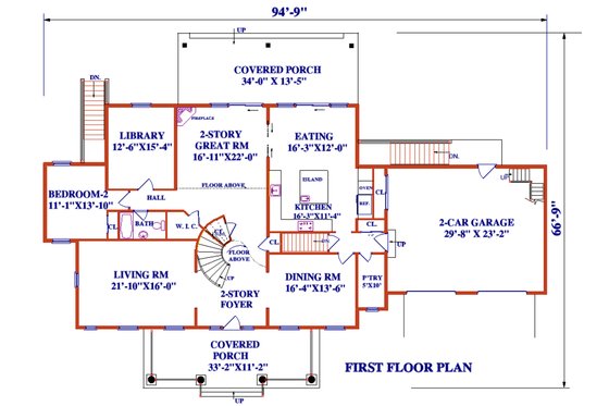 Floor Plan - Main Floor for Colonial House Plan #3-345 - 5 bed, 5 bath