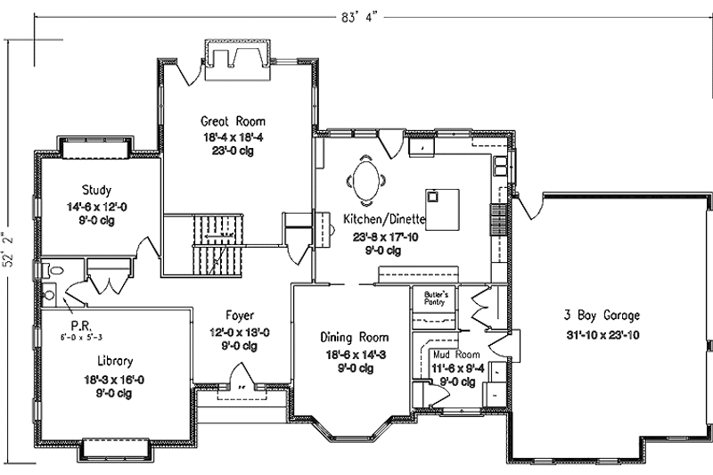 House Blueprint - Floor Plan - Main Floor for European House Plan #994-12 - 3 bed, 2.5 bath