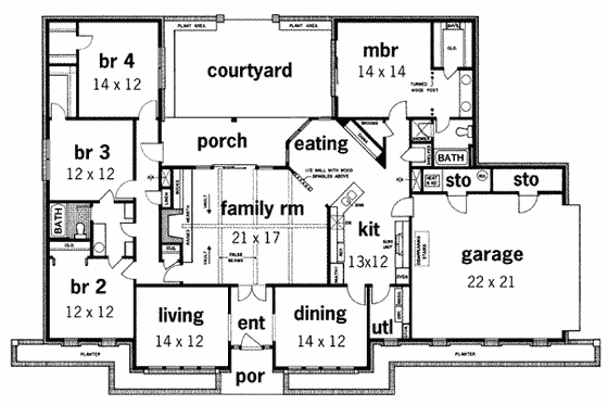Floor Plan - Main Floor for Prairie House Plan #45-199 - 4 bed, 2 bath