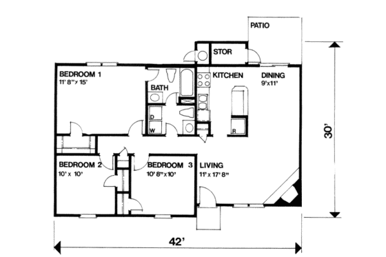 Floor Plan - Main Floor for Ranch House Plan #30-109 - 3 bed, 1.5 bath