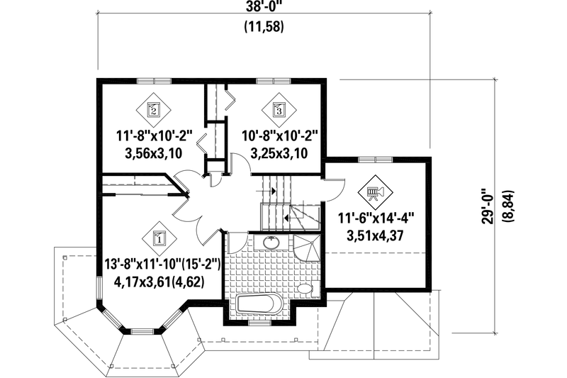 House Blueprint - Floor Plan - Upper Floor for Victorian House Plan #25-4708 - 3 bed, 1 bath
