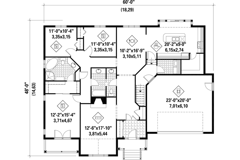 House Blueprint - Floor Plan - Main Floor for Country House Plan #25-4643 - 3 bed, 2 bath