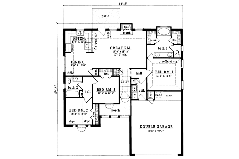 Home Plan - Floor Plan - Main Floor for Ranch House Plan #42-449 - 3 bed, 2 bath