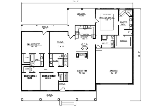 Floor Plan - Main Floor for Ranch House Plan #14-245 - 4 bed, 3 bath