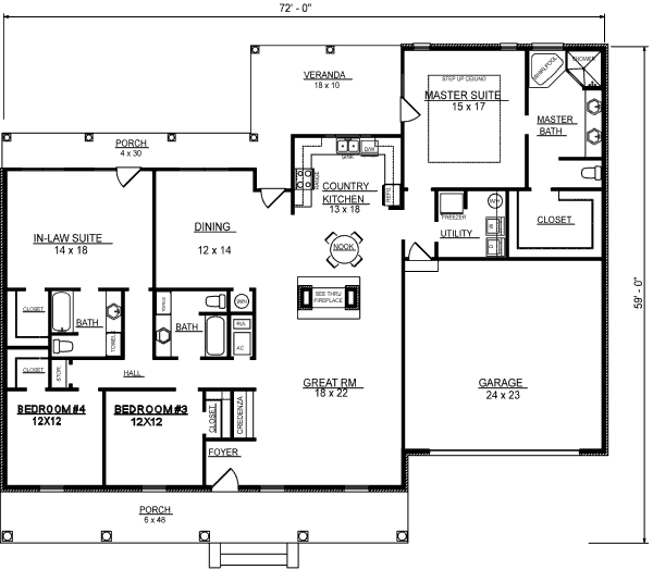 Ranch Style House Plan - 4 Beds 3 Baths 2492 Sq/Ft Plan #14-245 ...