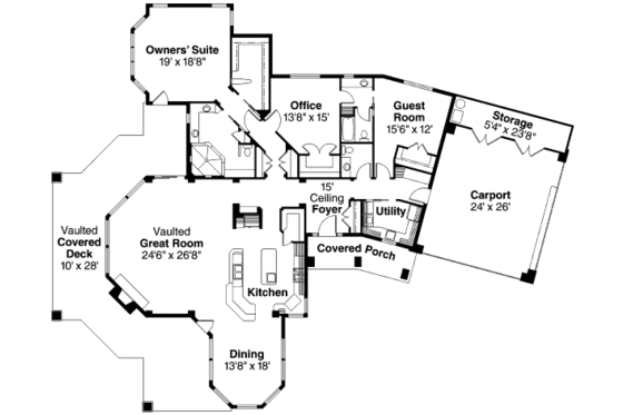 Floor Plan - Main Floor for Ranch House Plan #124-705 - 2 bed, 2.5 bath