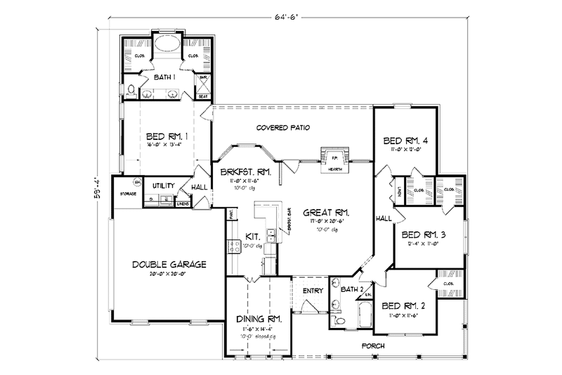 House Blueprint - Floor Plan - Main Floor for Country House Plan #42-634 - 4 bed, 2 bath