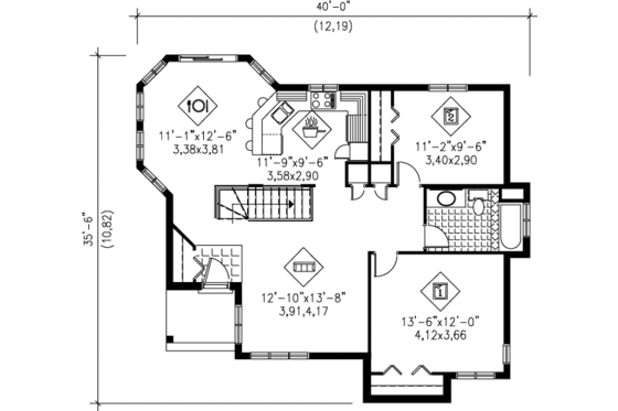 Floor Plan - Main Floor for Contemporary House Plan #25-1231 - 2 bed, 1 bath