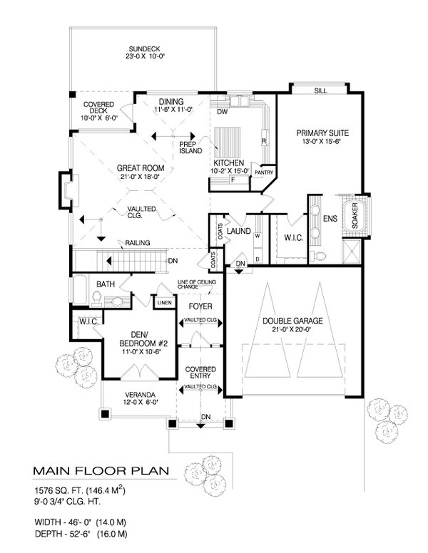 House Design - Floor Plan - Main Floor for Craftsman House Plan #1100-121 - 2 bed, 2 bath