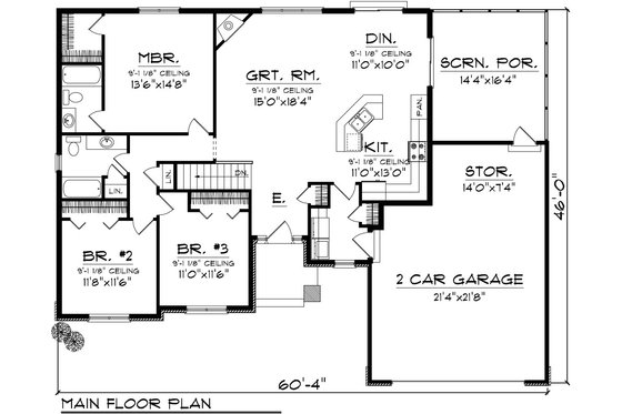 Floor Plan - Main Floor for Ranch House Plan #70-1077 - 3 bed, 2 bath