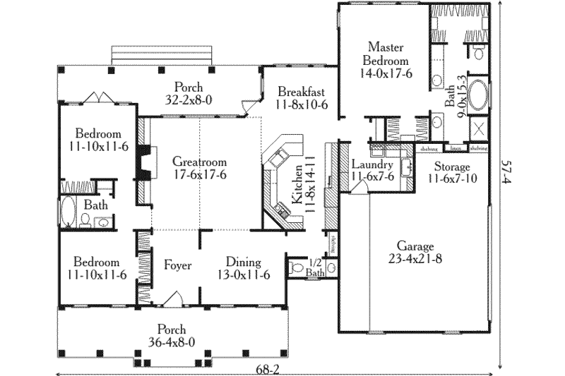 Architectural House Design - Floor Plan - Main Floor for Southern House Plan #406-280 - 3 bed, 2.5 bath