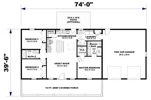 House Blueprint - Floor Plan - Main Floor for Farmhouse House Plan #44-314 - 3 bed, 2 bath