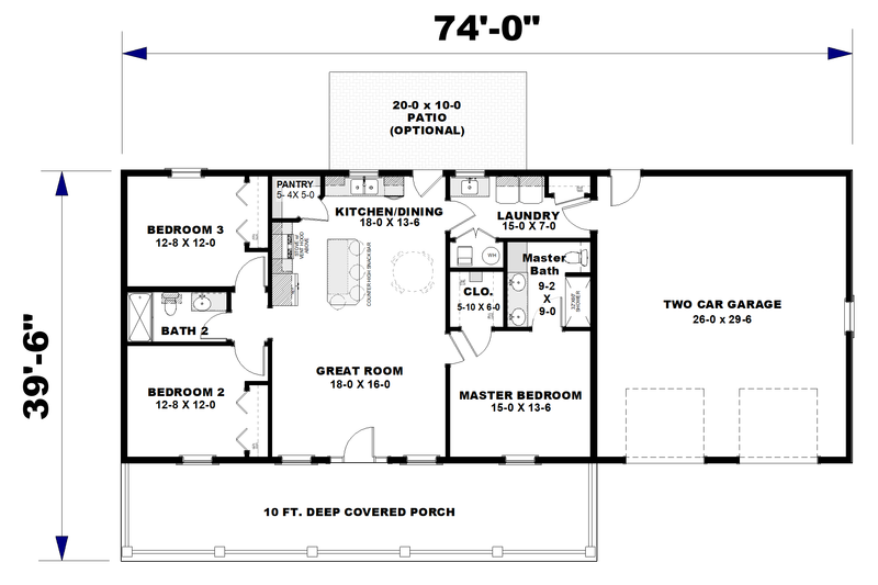 House Blueprint - Floor Plan - Main Floor for Farmhouse House Plan #44-314 - 3 bed, 2 bath