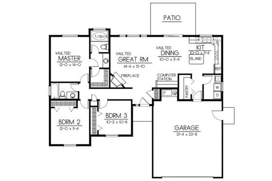 Floor Plan - Main Floor for Bungalow House Plan #100-422 - 3 bed, 2 bath