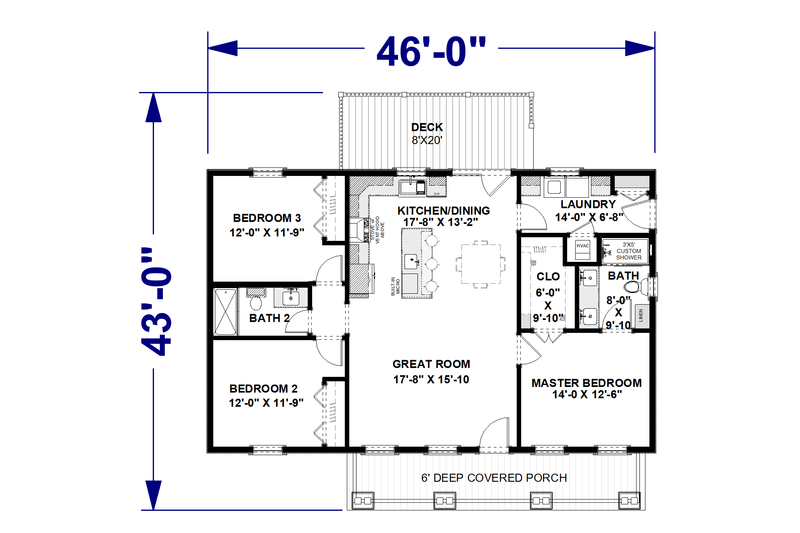 Architectural House Design - Floor Plan - Main Floor for Cottage House Plan #44-322 - 3 bed, 2 bath