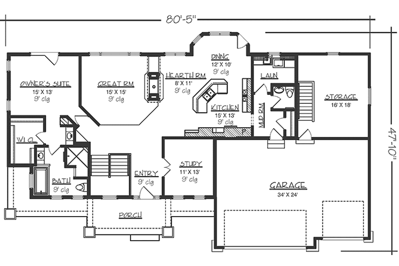 Home Plan - Floor Plan - Main Floor for Country House Plan #320-1485 - 1 bed, 1.5 bath