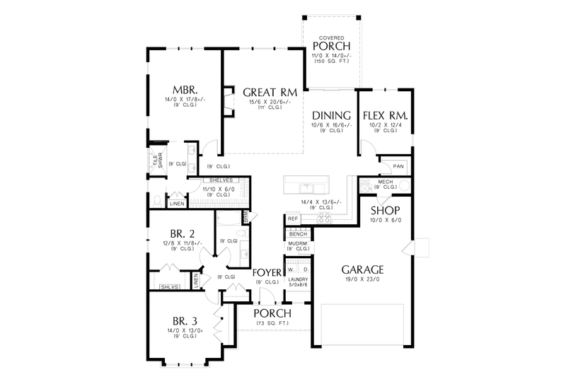 House Blueprint - Floor Plan - Main Floor for Prairie House Plan #48-1098 - 3 bed, 2 bath