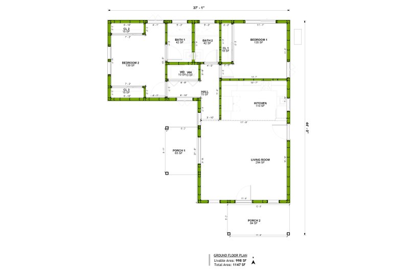 House Blueprint - Floor Plan - Main Floor for Ranch House Plan #1106-55 - 2 bed, 2 bath