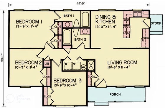 Floor Plan - Main Floor for Ranch House Plan #54-663 - 3 bed, 2 bath