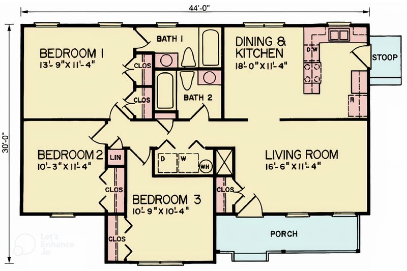 House Blueprint - Floor Plan - Main Floor for Ranch House Plan #54-663 - 3 bed, 2 bath