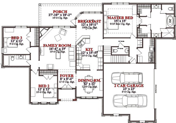 Floor Plan - Main Floor for European House Plan #63-298 - 3 bed, 3.5 bath