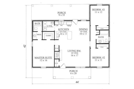 Floor Plan - Main Floor for Colonial House Plan #14-249 - 3 bed, 2 bath