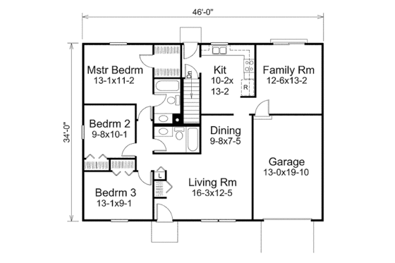 Floor Plan - Main Floor for Ranch House Plan #57-472 - 3 bed, 2 bath