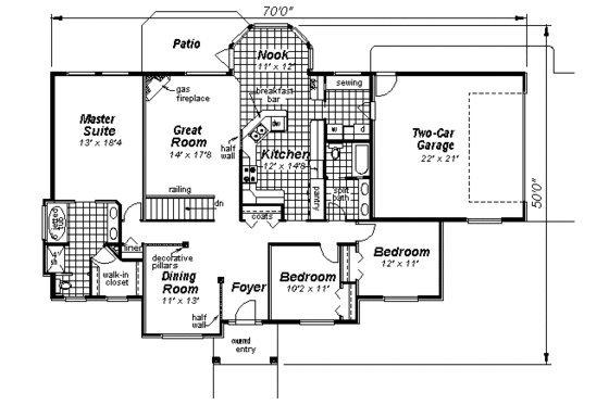 Floor Plan - Main Floor for Craftsman House Plan #18-1053 - 3 bed, 2 bath