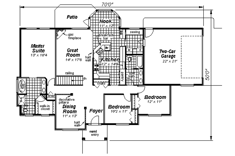 House Design - Floor Plan - Main Floor for Craftsman House Plan #18-1053 - 3 bed, 2 bath