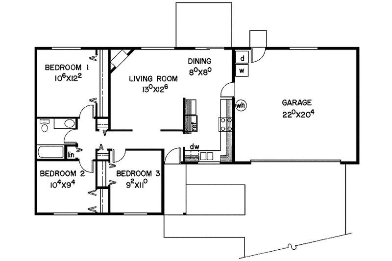 Home Plan - Floor Plan - Main Floor for Ranch House Plan #60-757 - 3 bed, 1 bath