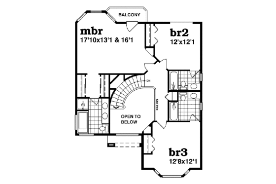 Floor Plan - Upper Floor for Mediterranean House Plan #47-373 - 3 bed, 3.5 bath